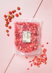 Dried strawberry slices in a plastic bag.